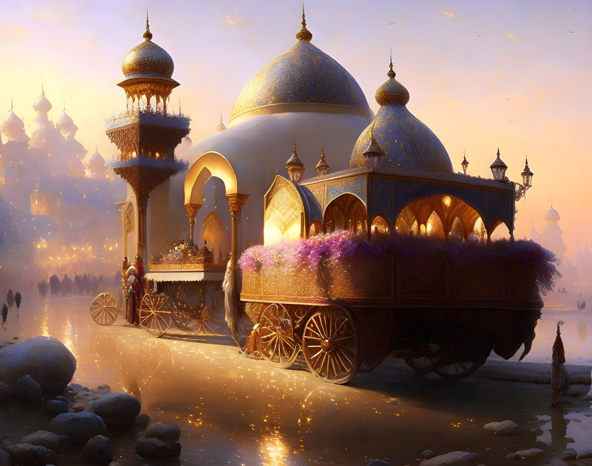 Ornate carriage with vibrant flora approaching opulent domed buildings at sunset