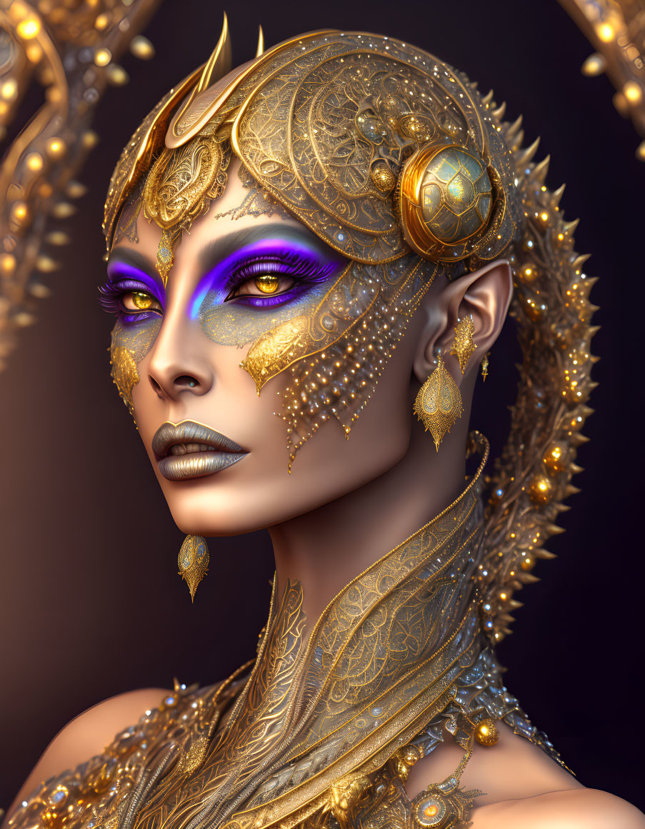 Woman with Golden Ornate Headpiece and Purple Makeup on Dark Background