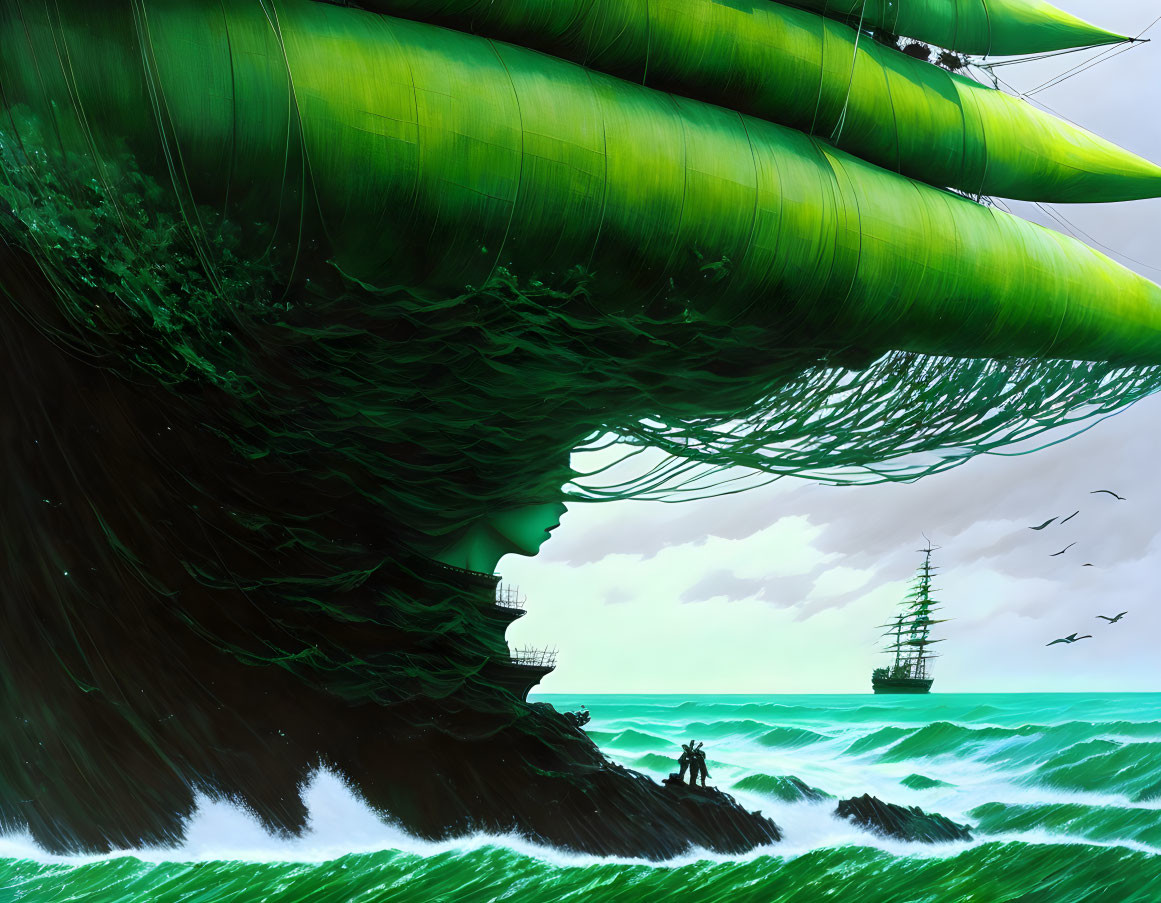Digital artwork: Giant wave crashing over onlookers with ship in stormy sky