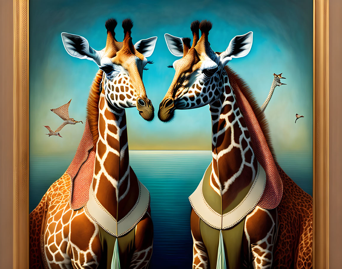Stylized giraffes in elegant attire with whimsical backdrop