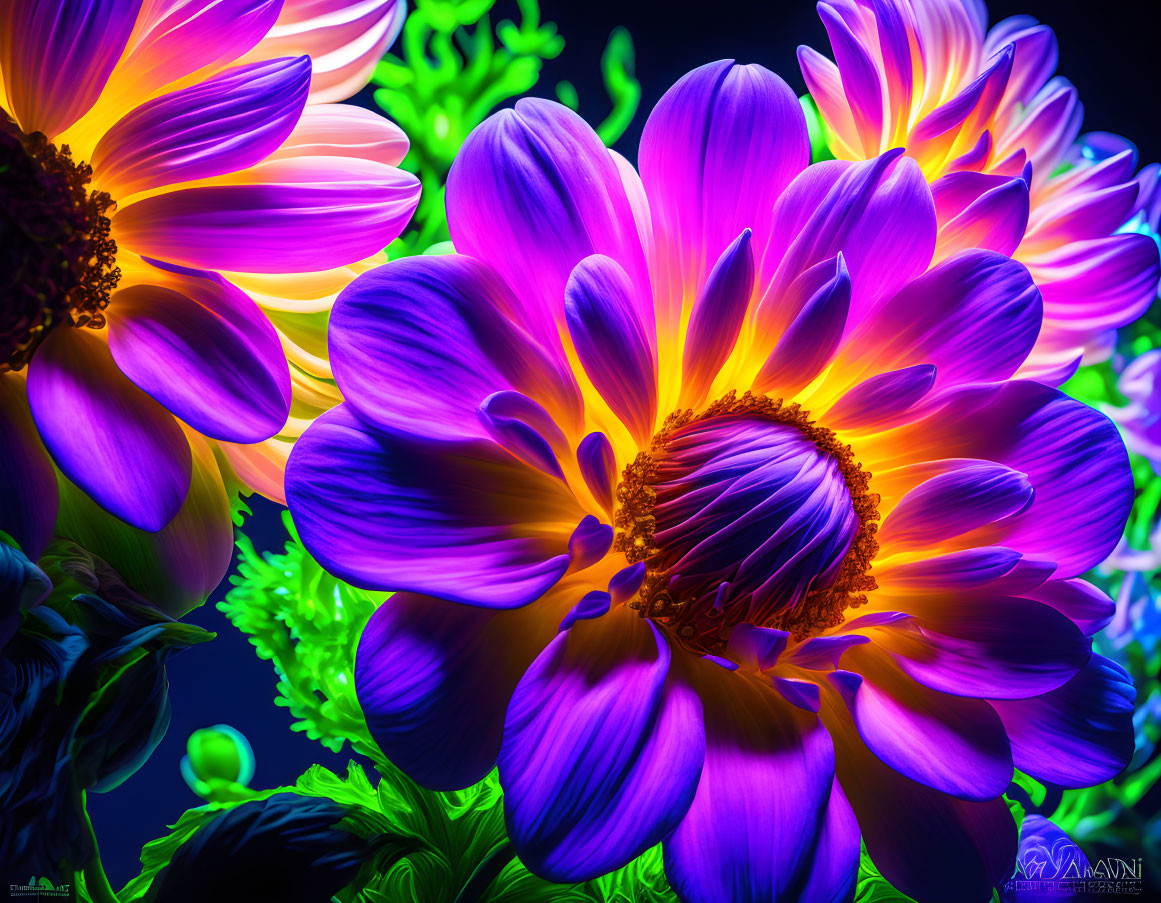 Colorful digital art: surreal glowing flowers in purple and yellow on dark background.