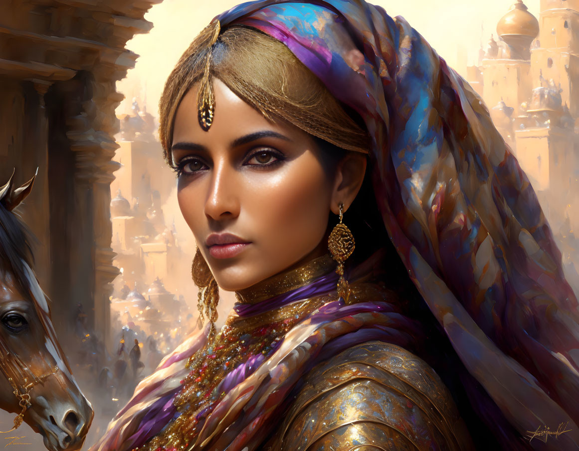 Illustrated woman in traditional Indian attire and jewelry against historic backdrop