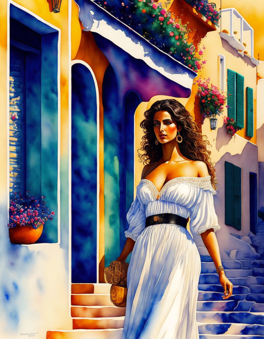 Woman in white off-the-shoulder dress by colorful building on cobblestone path