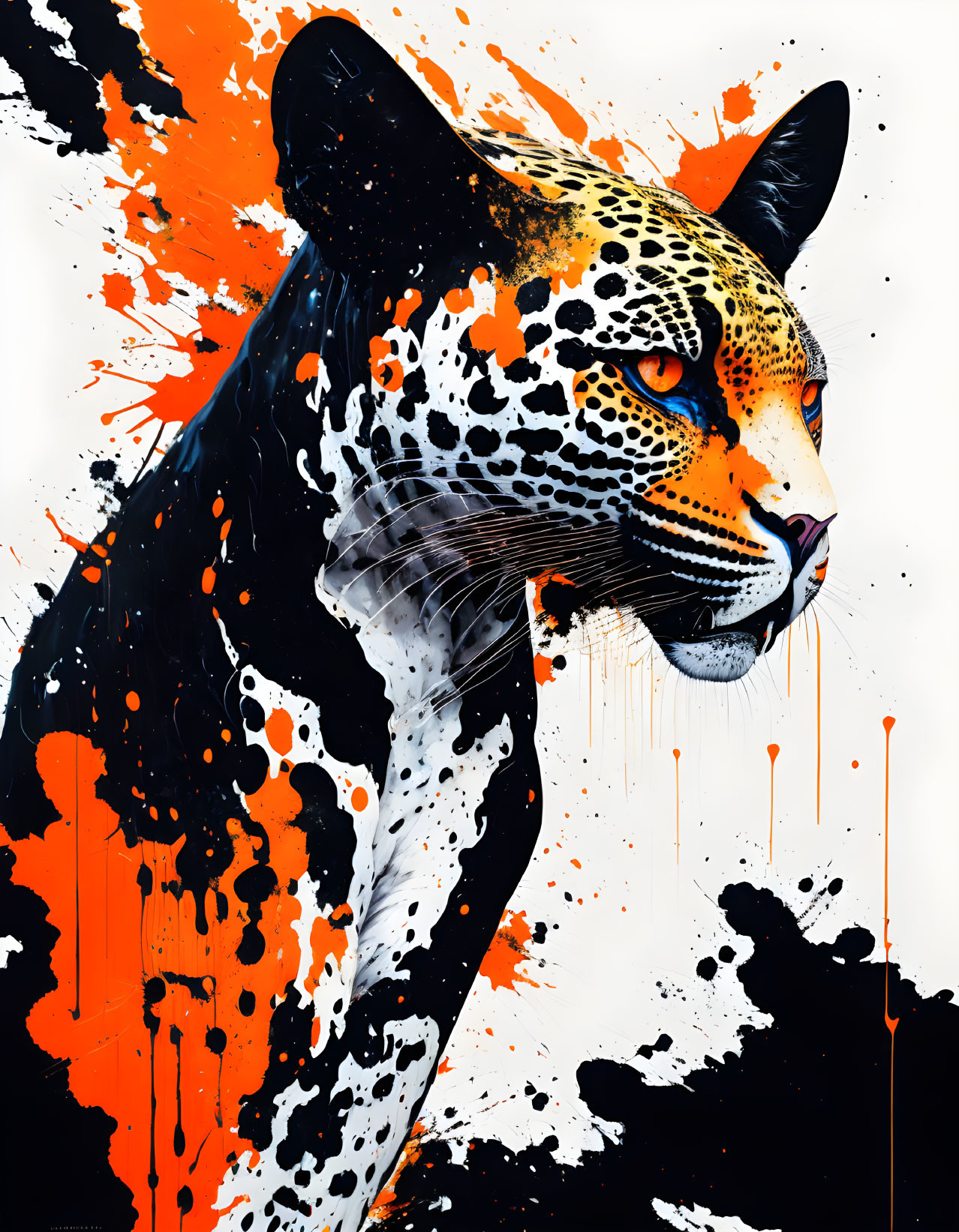 Vibrant jaguar art: orange splashes, black splotches on white background