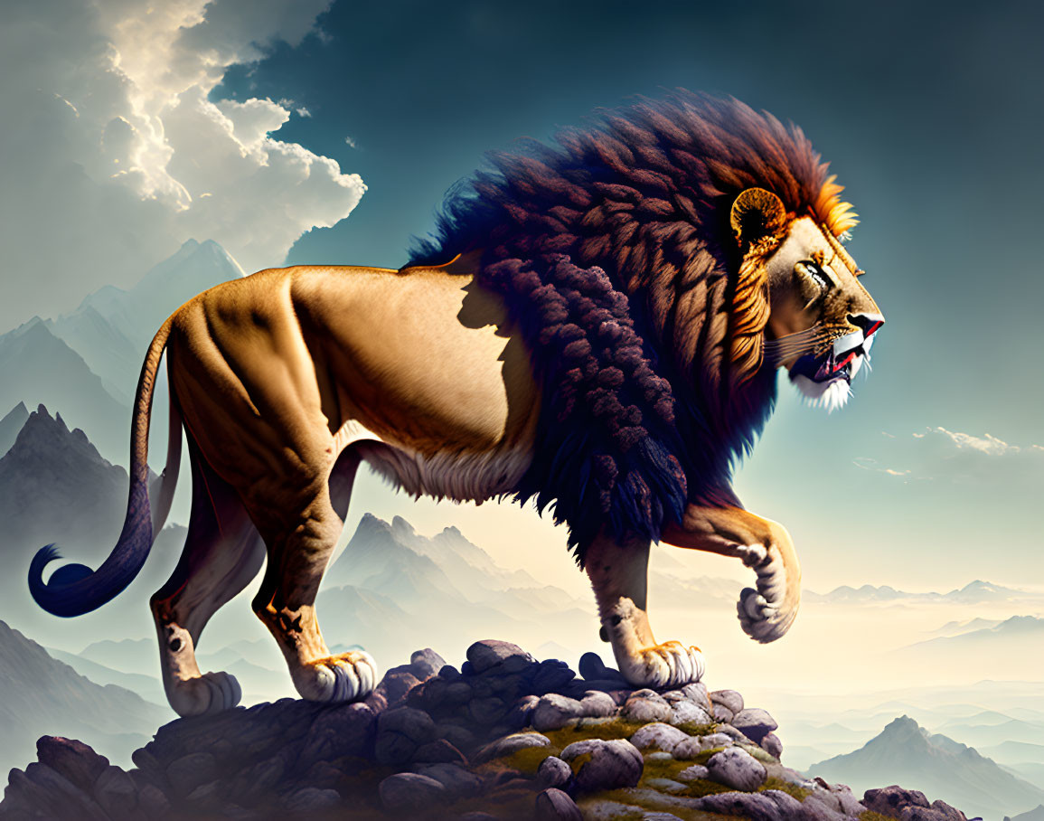 Exaggerated mane lion on rocky outcrop with mountains and dramatic sky