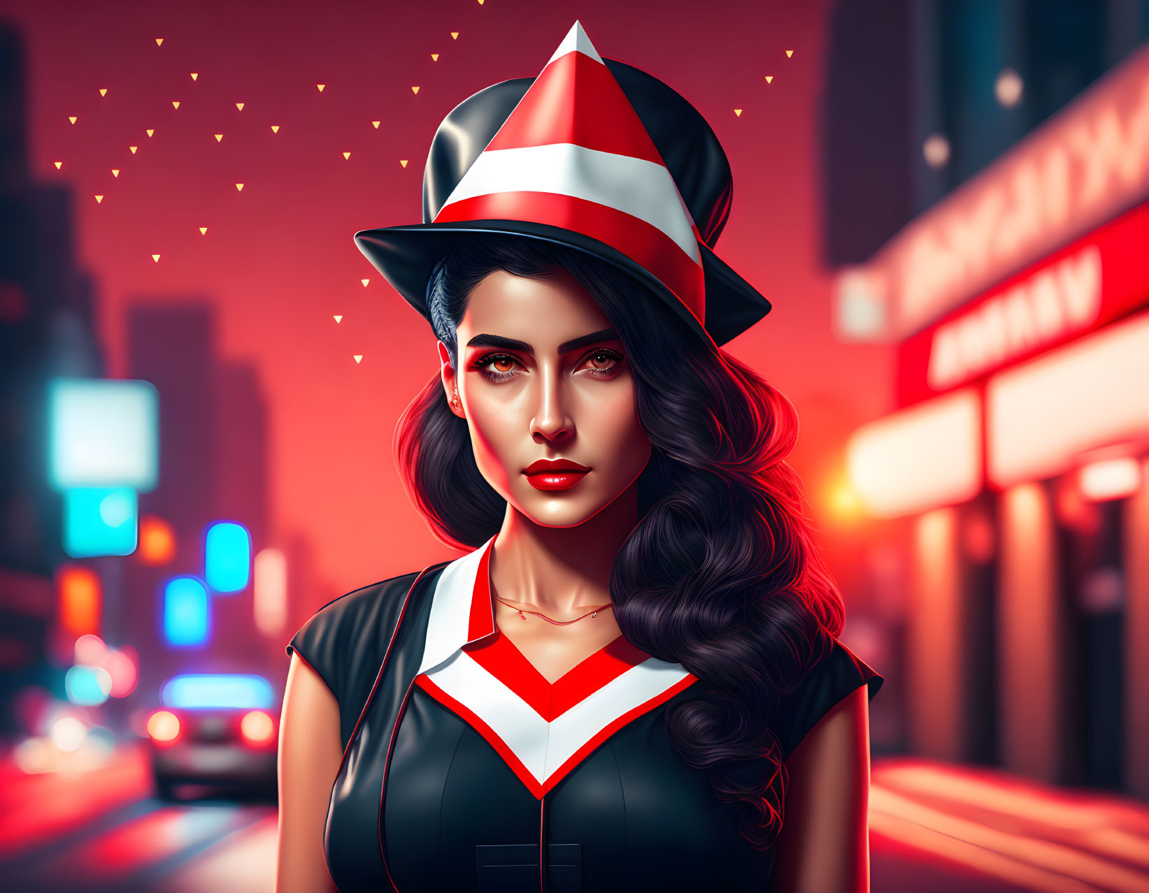 Dark-haired woman in striped hat with red lipstick against neon city backdrop