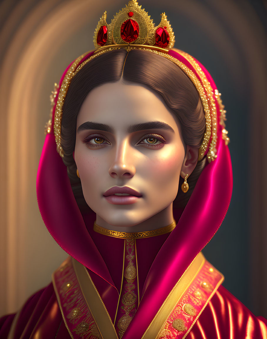 Regal woman in golden crown and red robe with gold embroidery