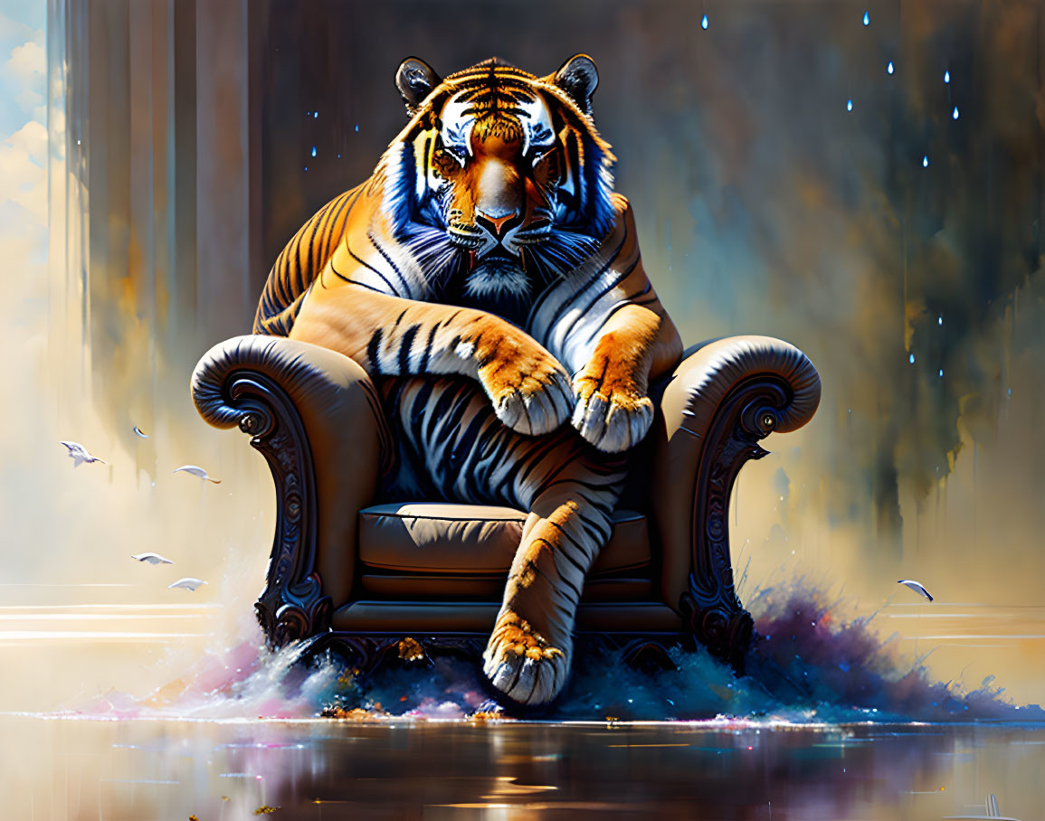 Majestic tiger on ornate chair with vibrant colors and warm lights