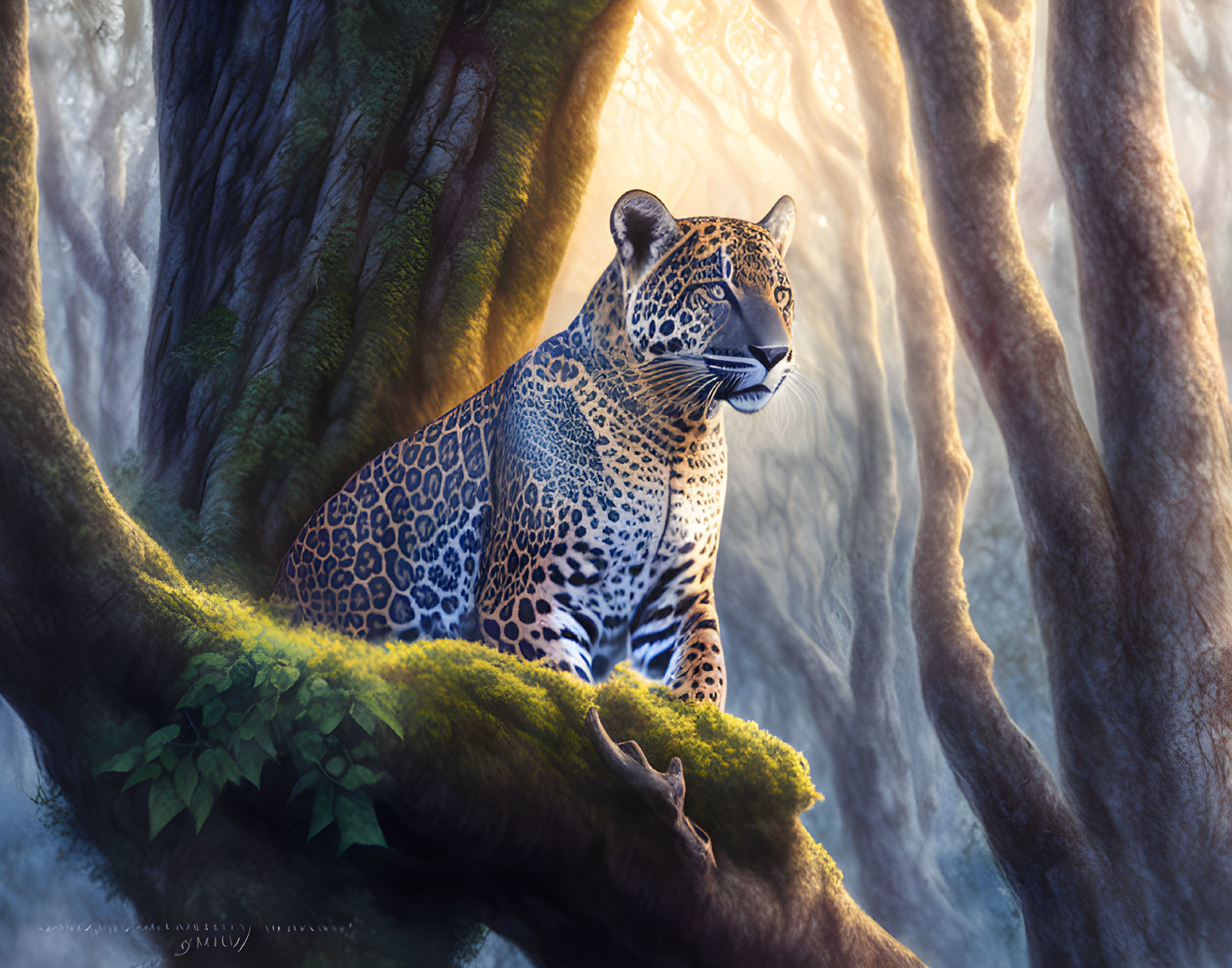 Majestic jaguar resting on mossy branch in forest light