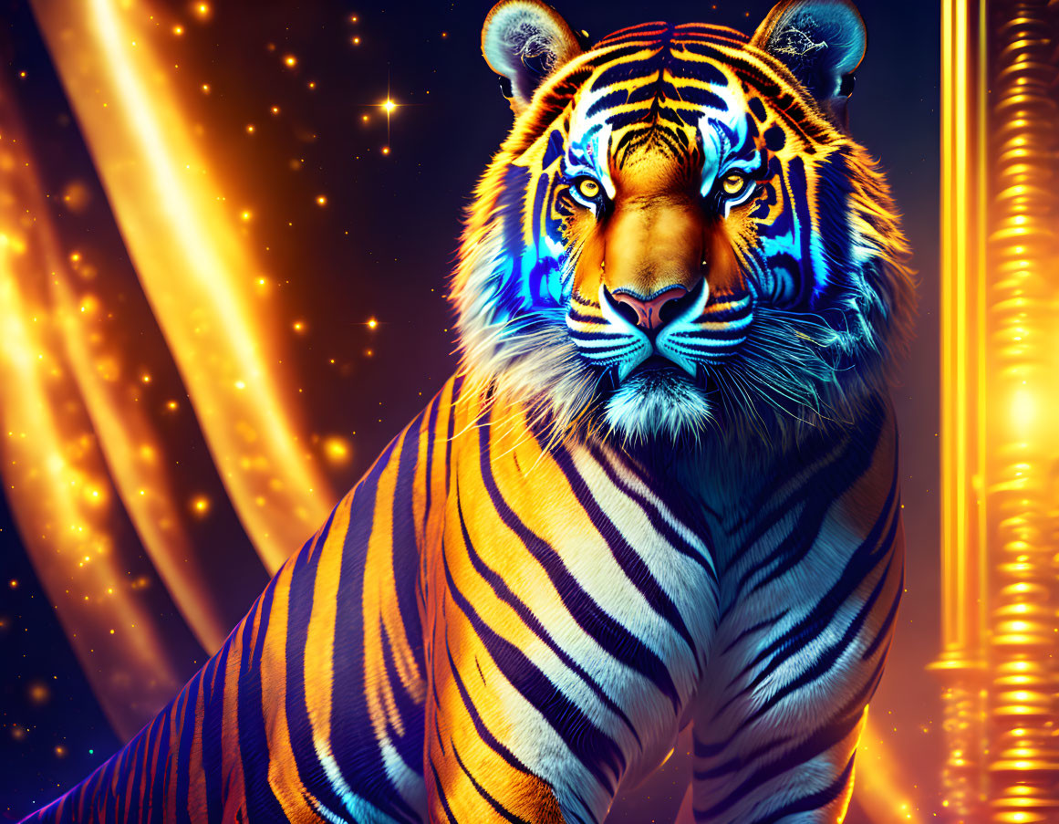 Digitally Altered Image: Tiger with Glowing Blue Stripes in Cosmic Setting