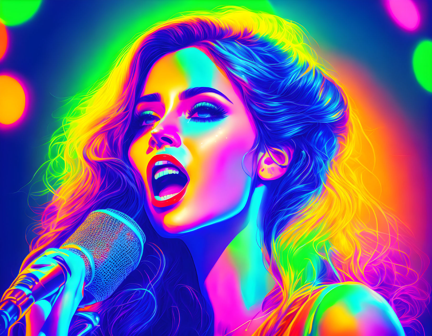 Colorful Neon Illustration of Woman Singing with Bokeh Lights