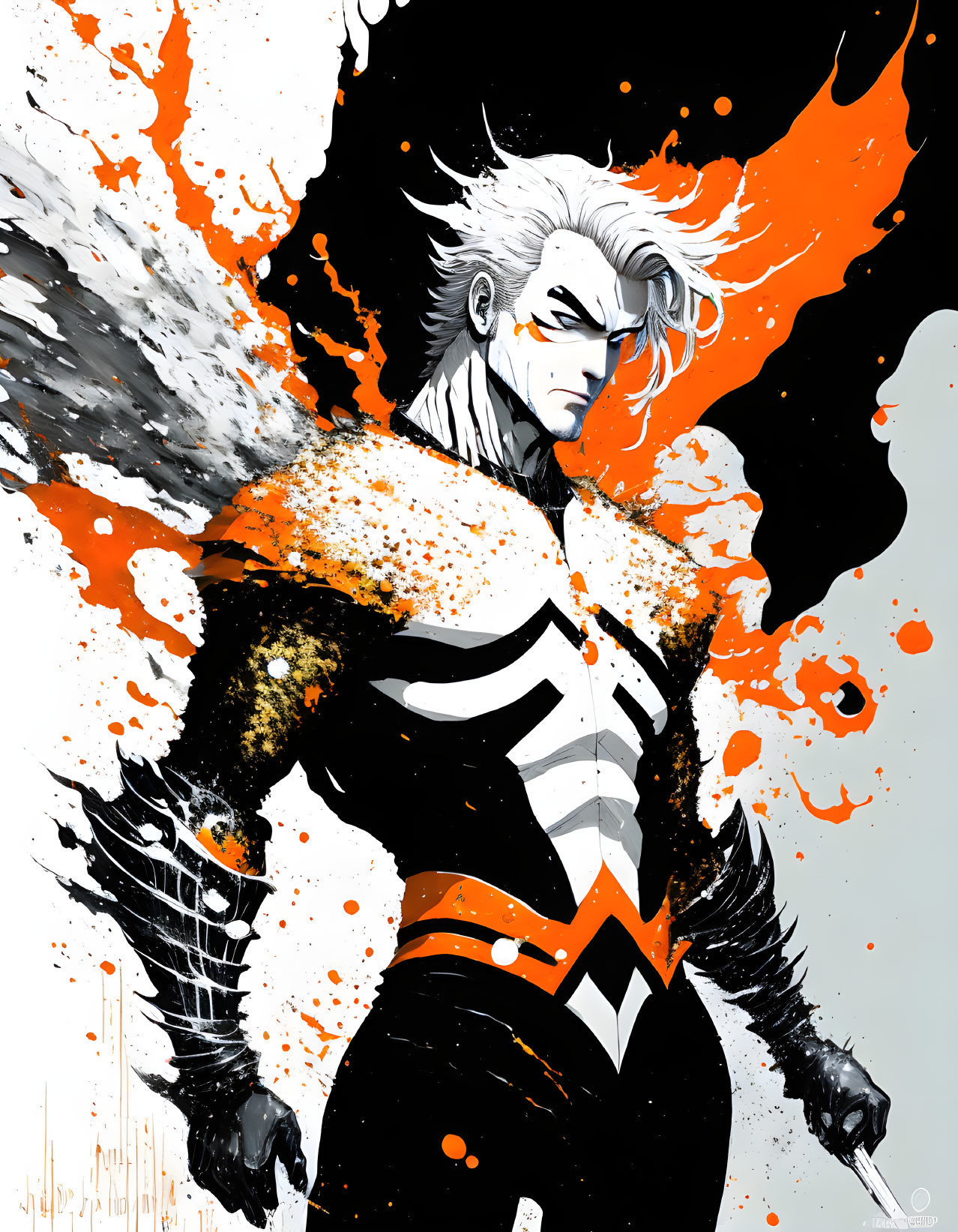 Male superhero illustration with confident stance in orange and white splashes