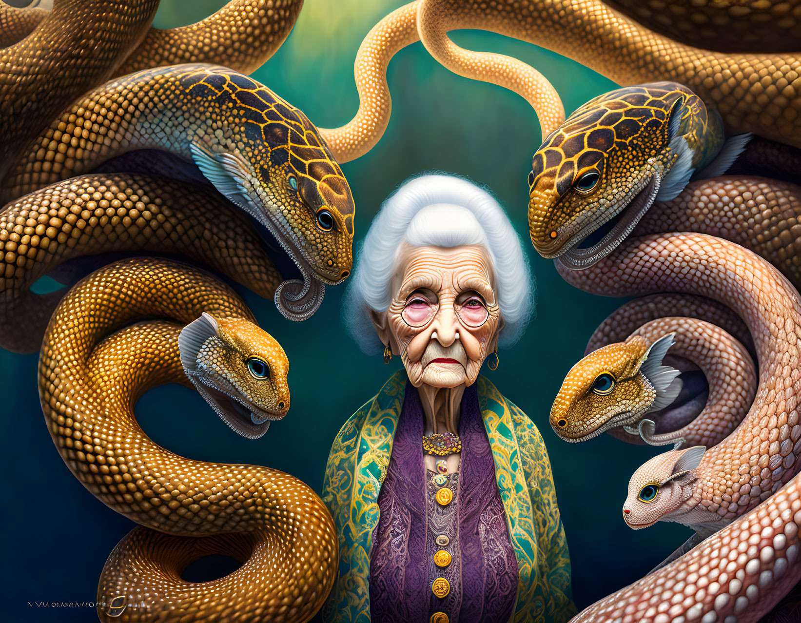 Elderly woman surrounded by intricate serpentine creatures