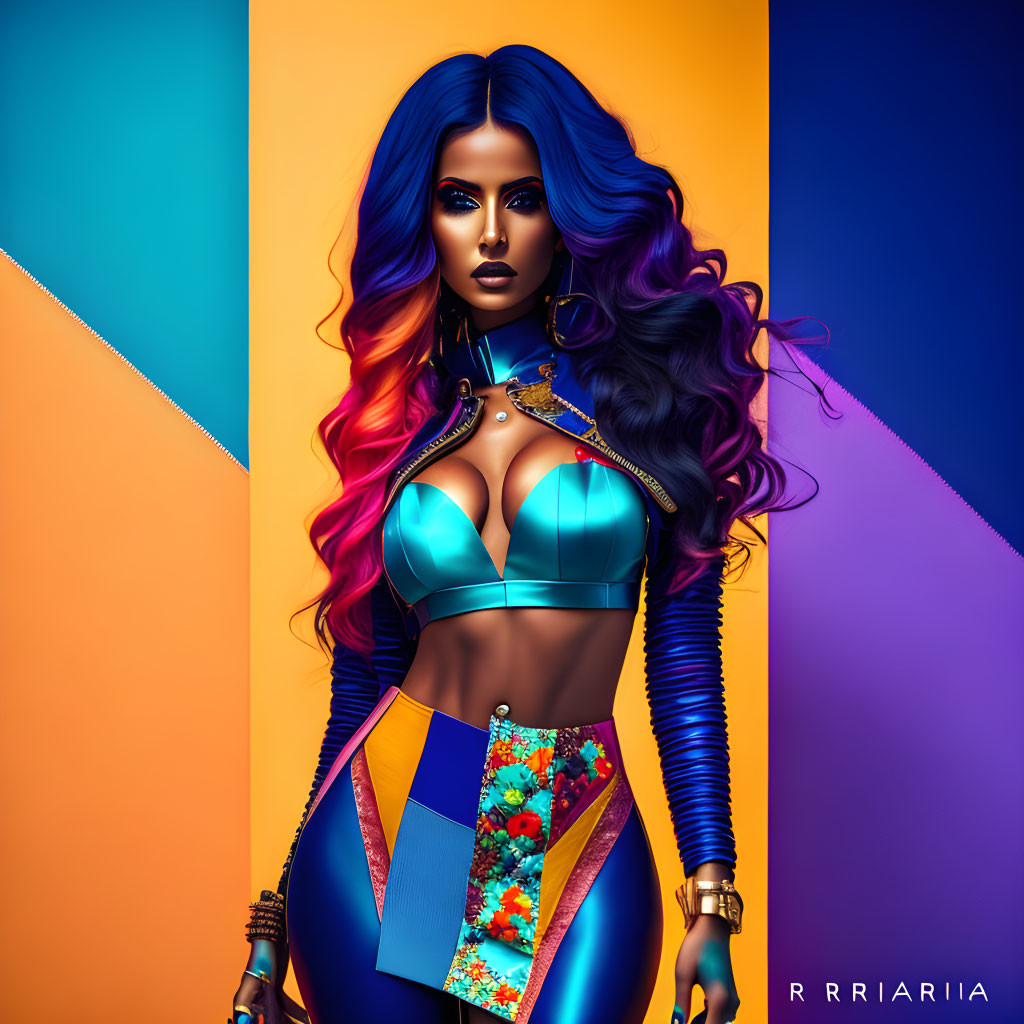 Digital artwork: Woman with blue hair in futuristic metallic outfit on vibrant geometric background