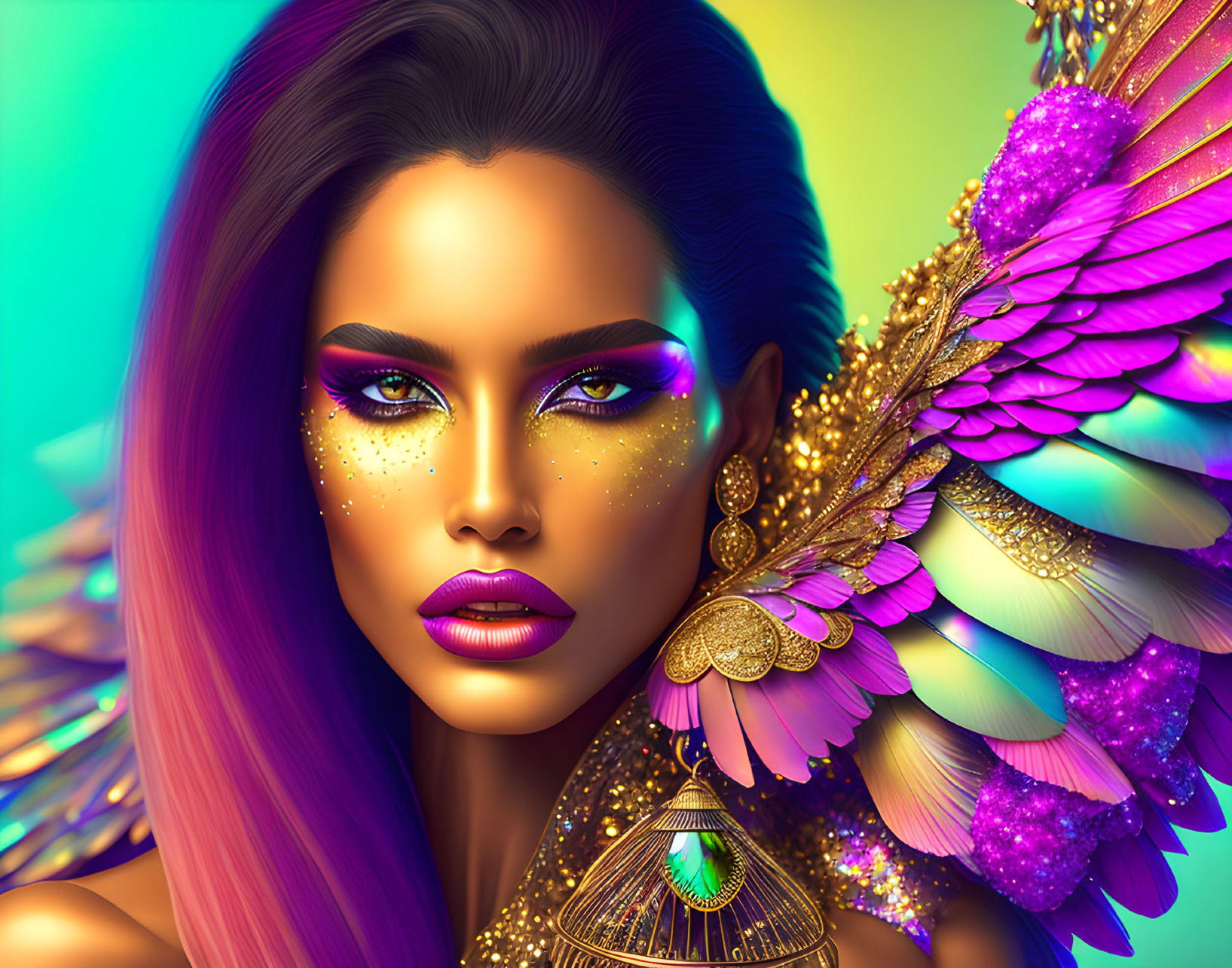 Colorful digital illustration of woman with purple makeup and feathered wings