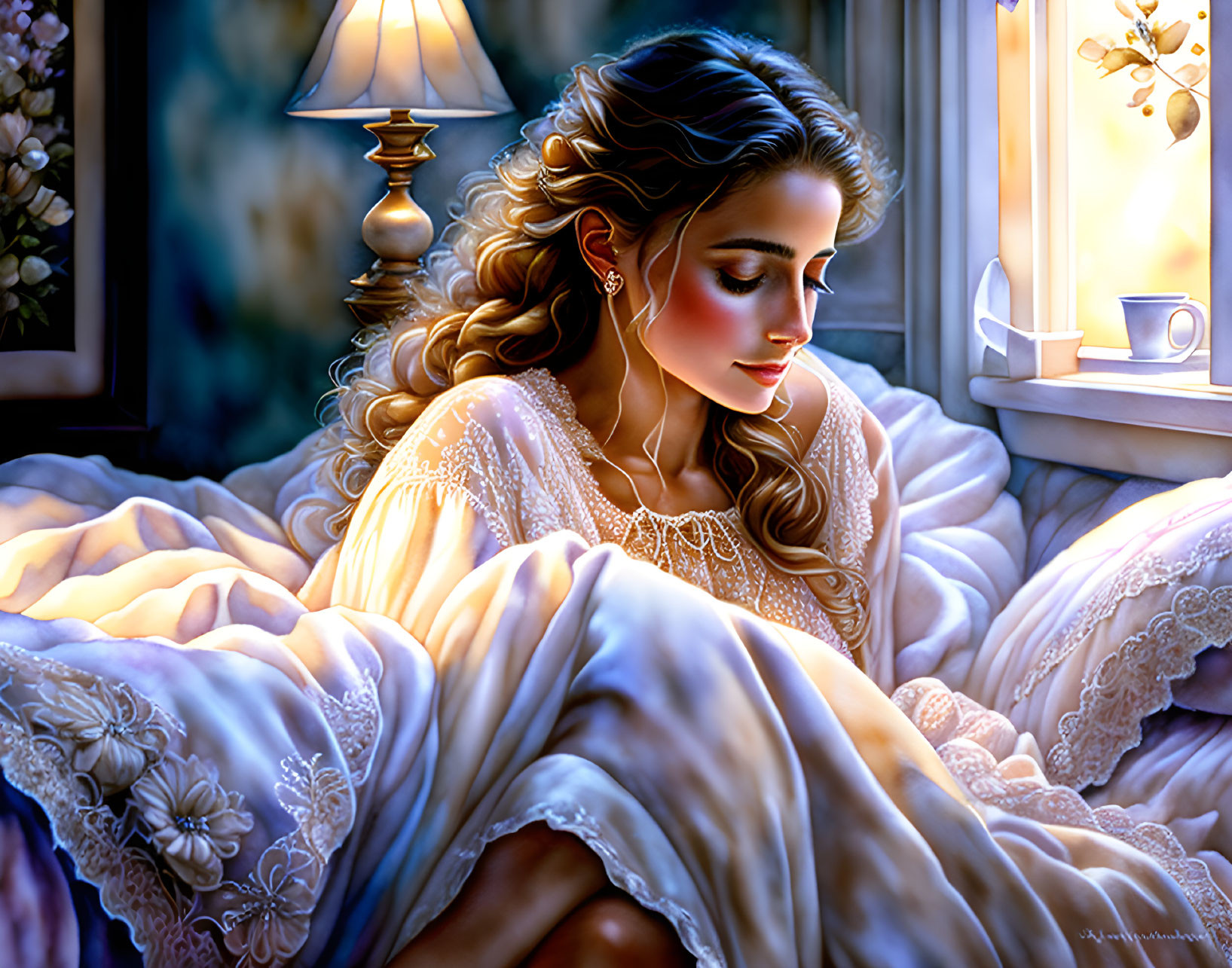 Woman resting in bed under soft light and moonlit glow.