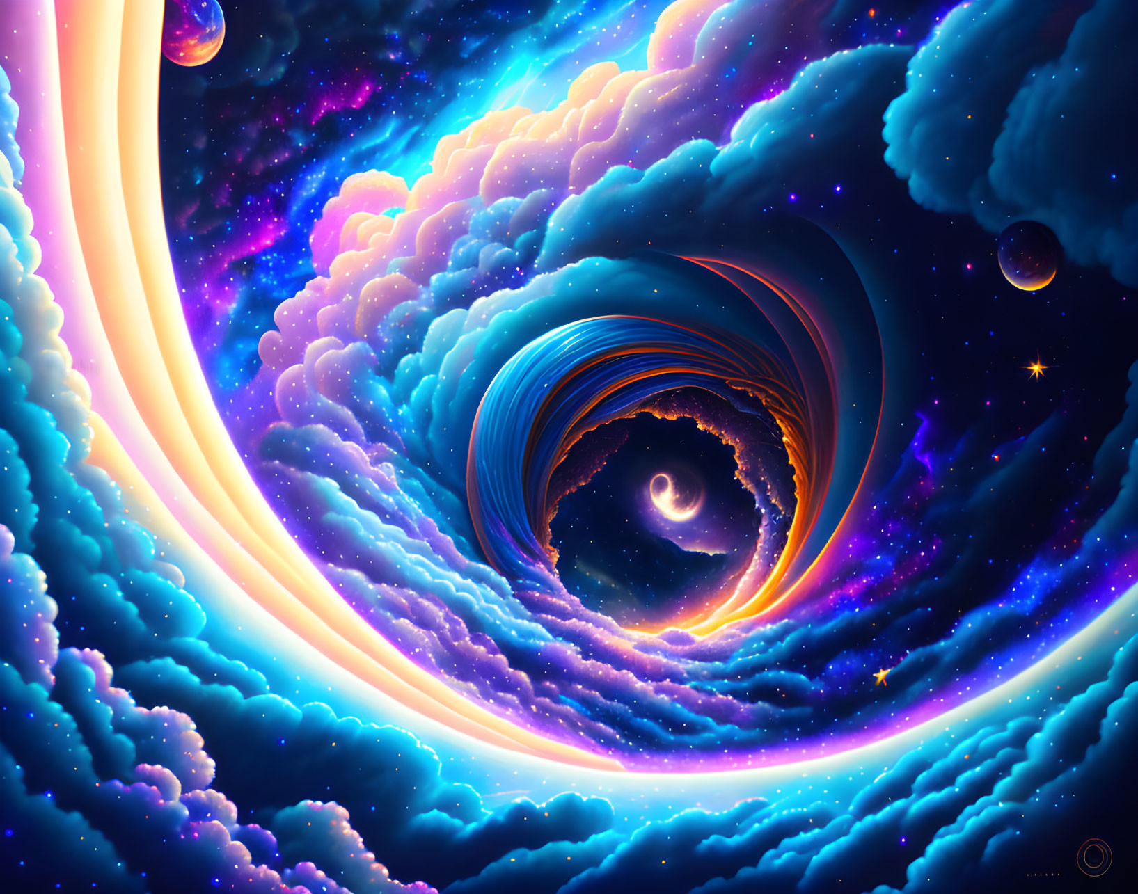 Swirling galaxy in vibrant blues, purples, and orange clouds