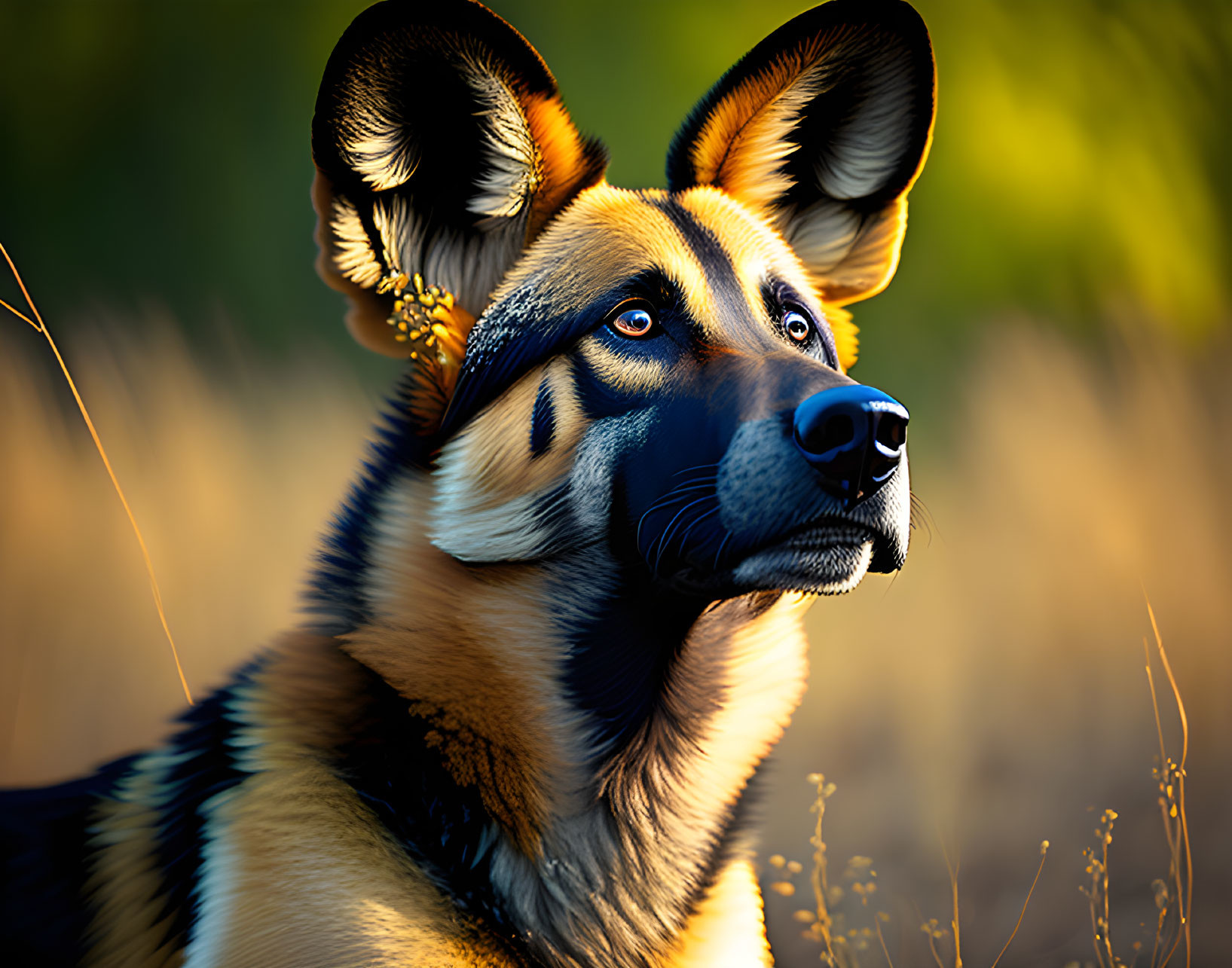 German Shepherd dog with alert eyes in golden-hour light