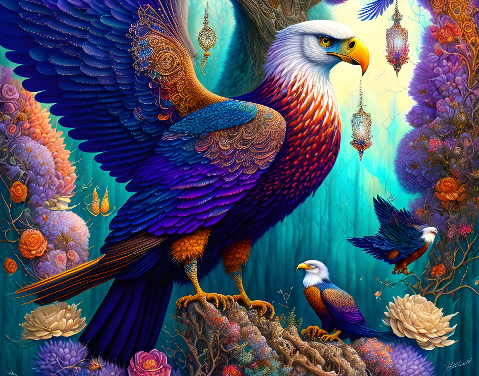 Detailed Eagle Illustration in Colorful Forest Setting