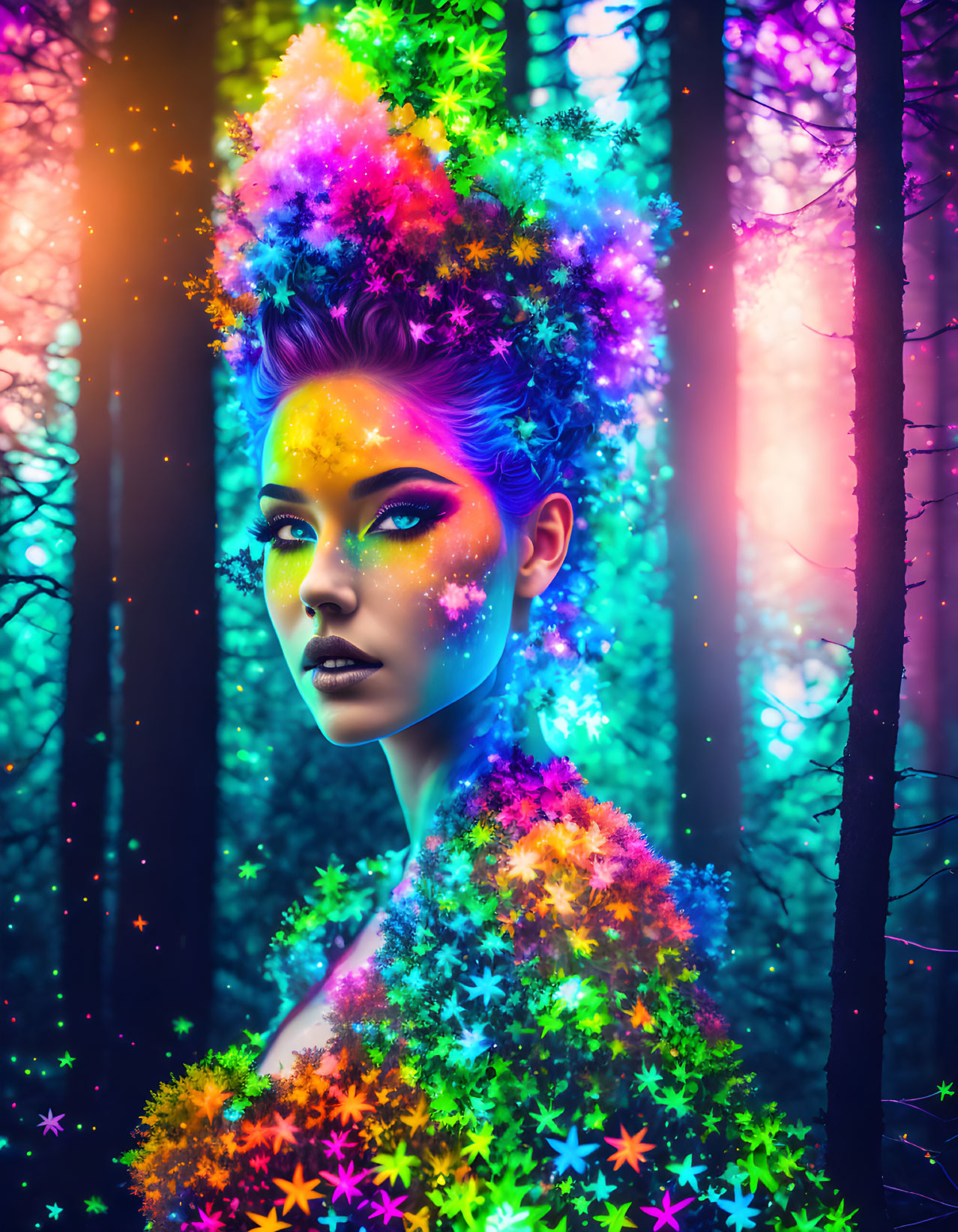 Colorful woman portrait with neon body paint and luminescent flowers in mystical forest.