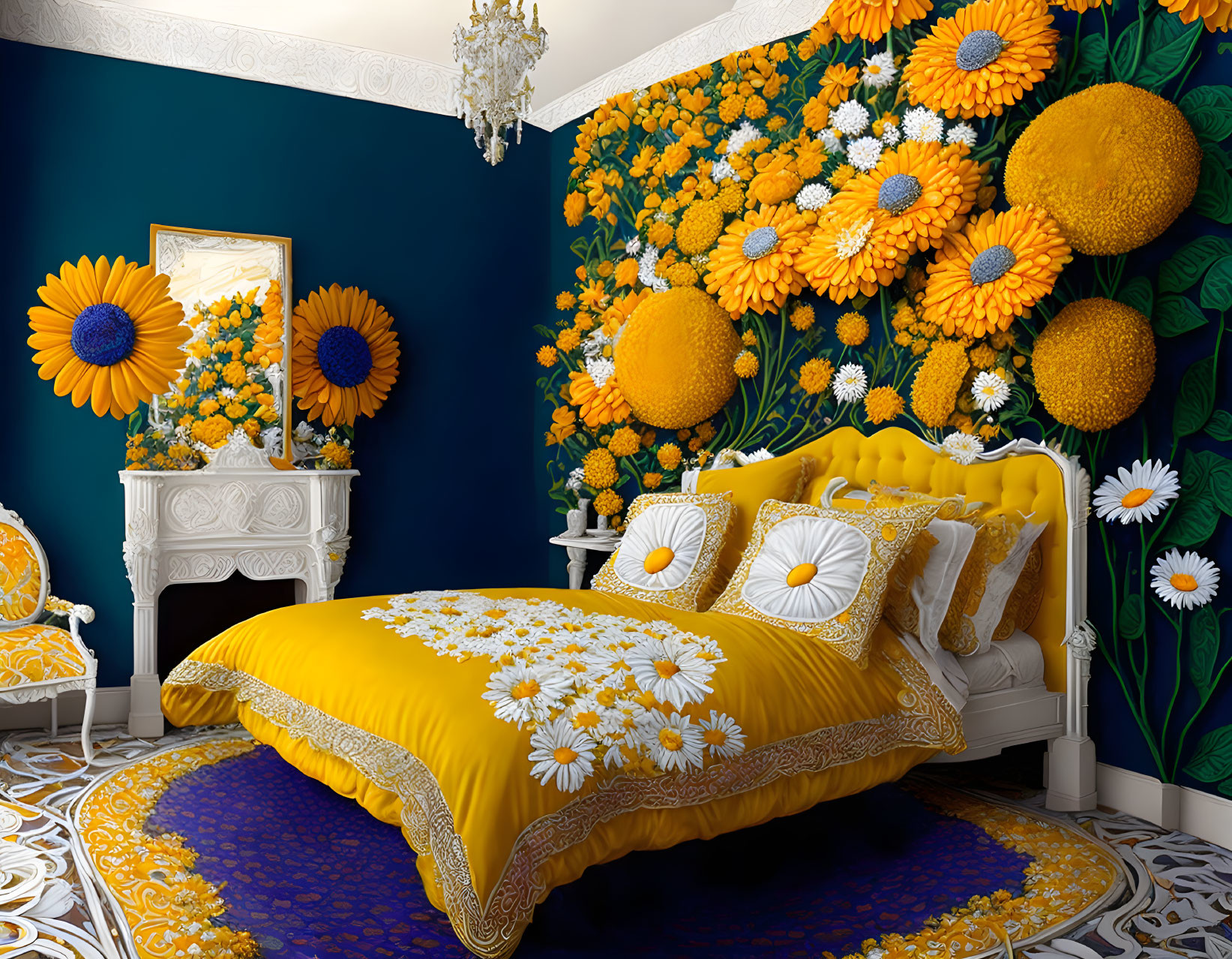 Bright sunflower-themed bedroom with yellow bedspread and floral wall mural