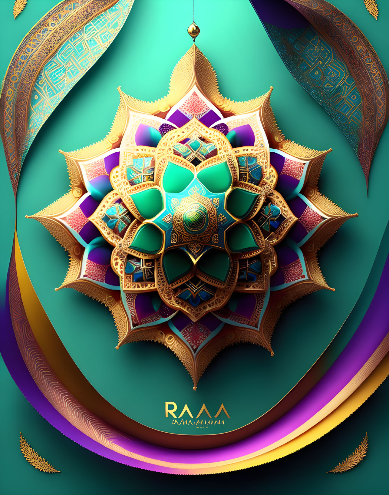 Symmetrical ornate mandala in gold, purple, and turquoise hues on teal background