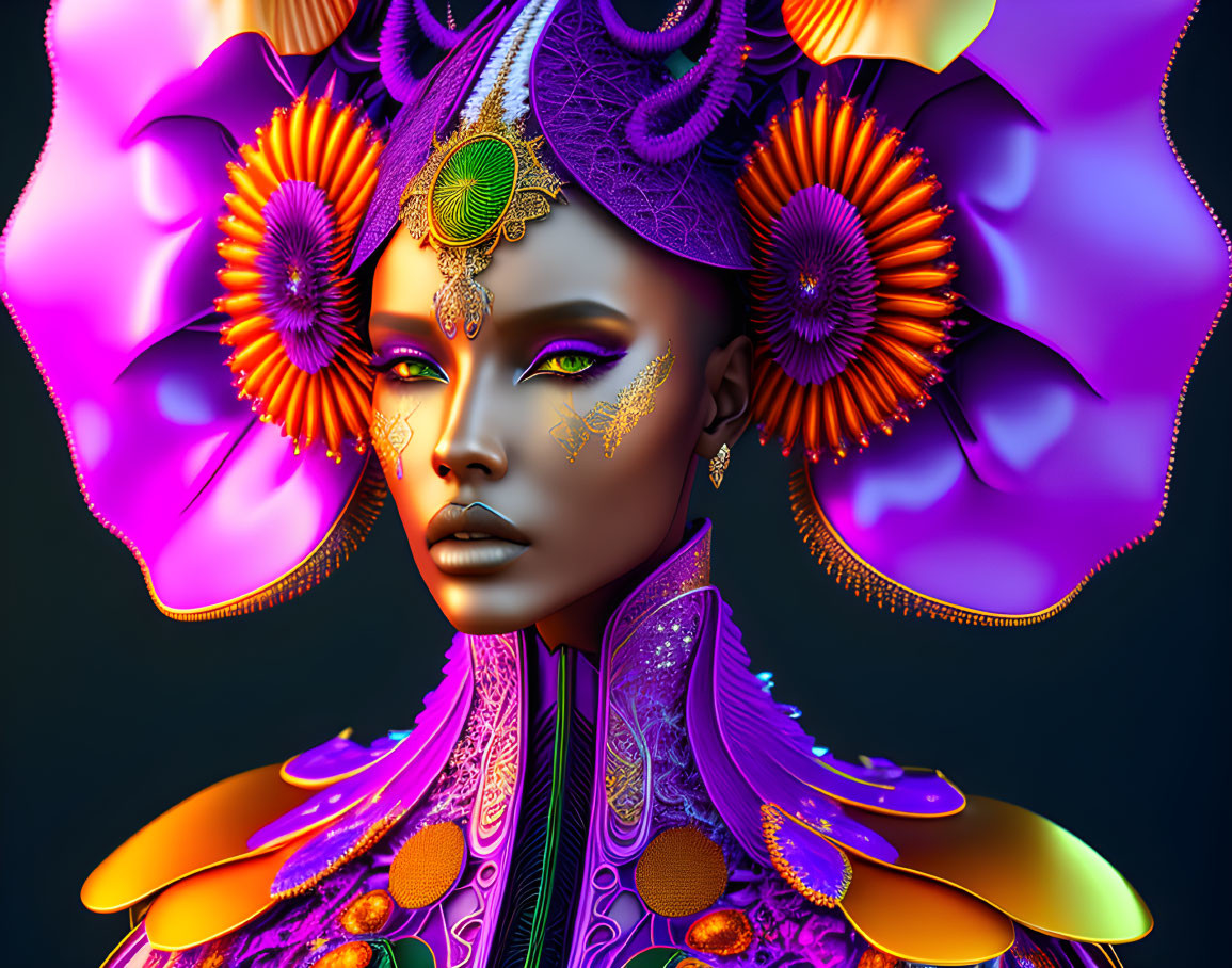 Colorful digital artwork: Woman with purple and orange headdress, ornate jewelry.