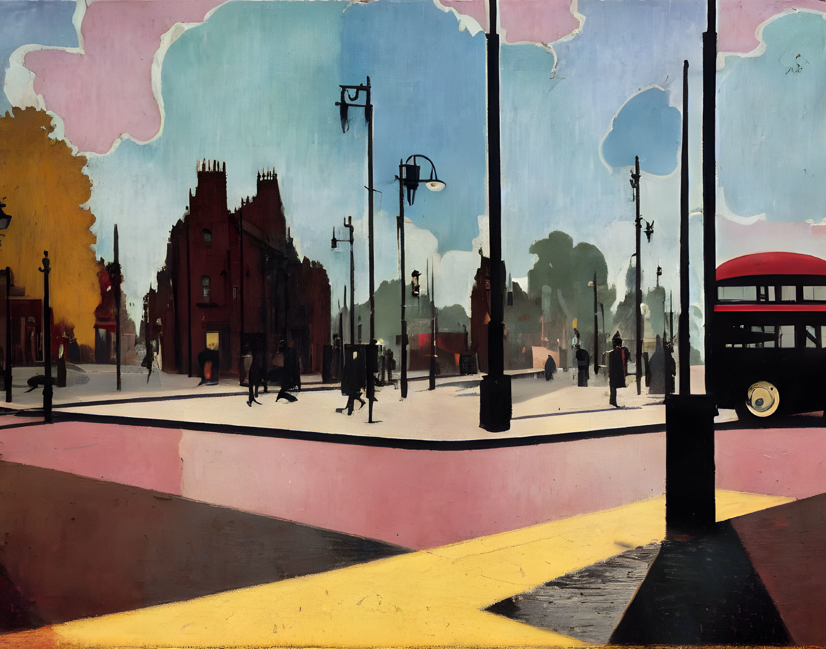 Stylized street scene with pedestrians, bus, and architecture under pastel sky