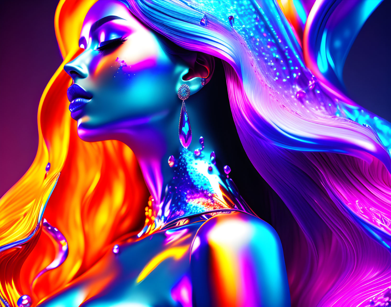 Colorful digital artwork: Woman with flowing hair in orange to blue gradient, neon-lit skin,