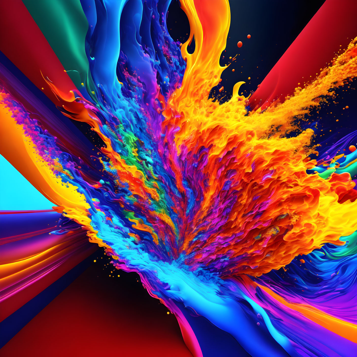 Abstract multicolored fluids explosion on blue and red gradient background