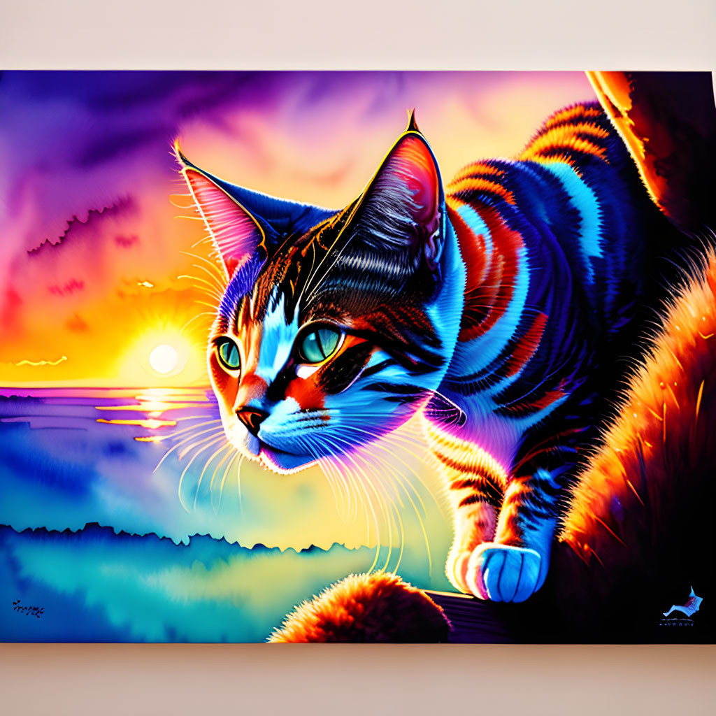 Colorful Sunset Cat Artwork Featuring Vibrant Digital Stylization