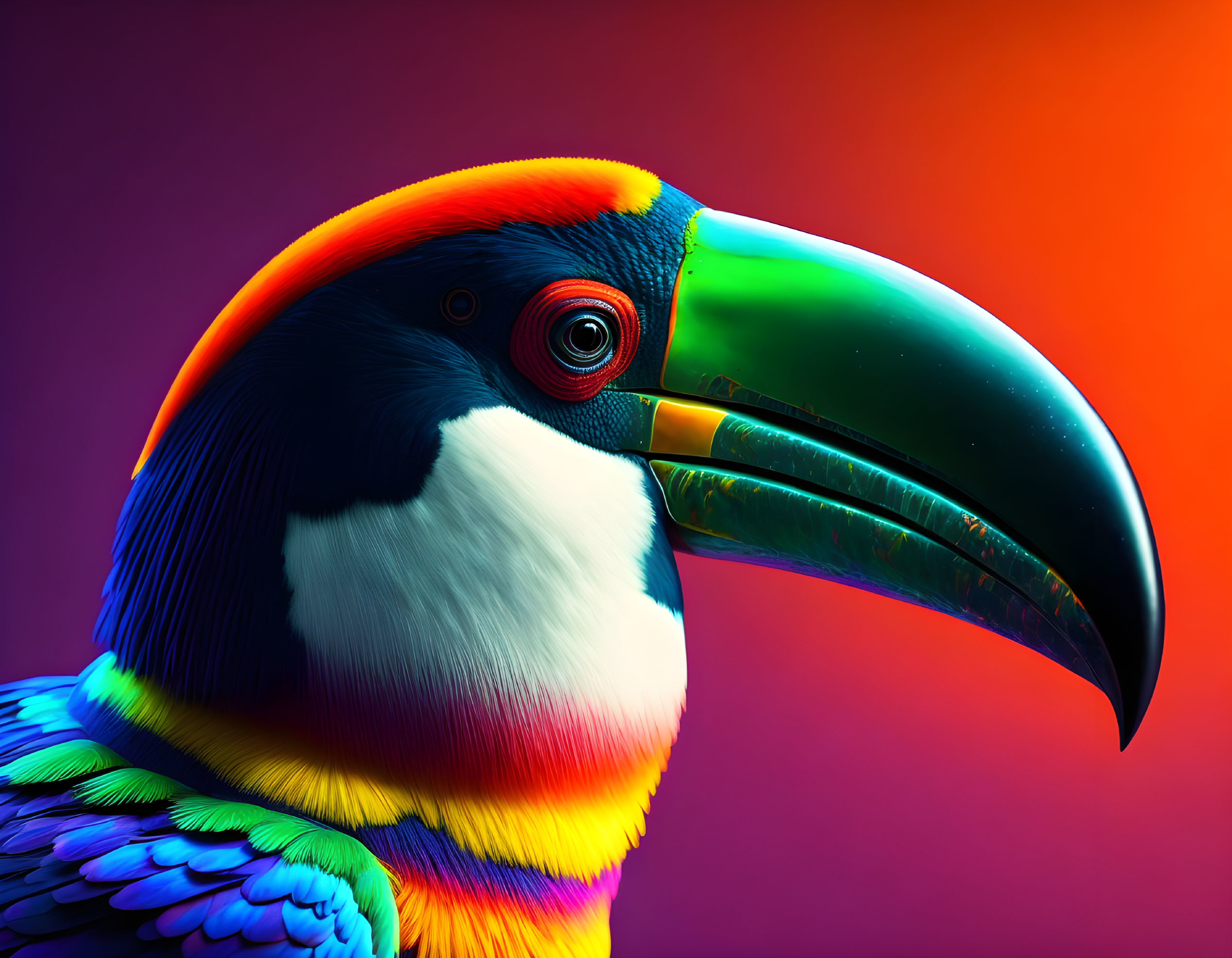 Colorful Toucan Close-Up on Purple and Orange Gradient Background