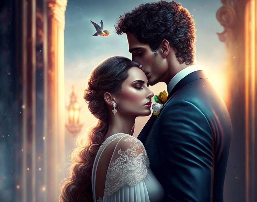 Illustrated Romantic Couple in Formal Attire with Ornate Backdrop