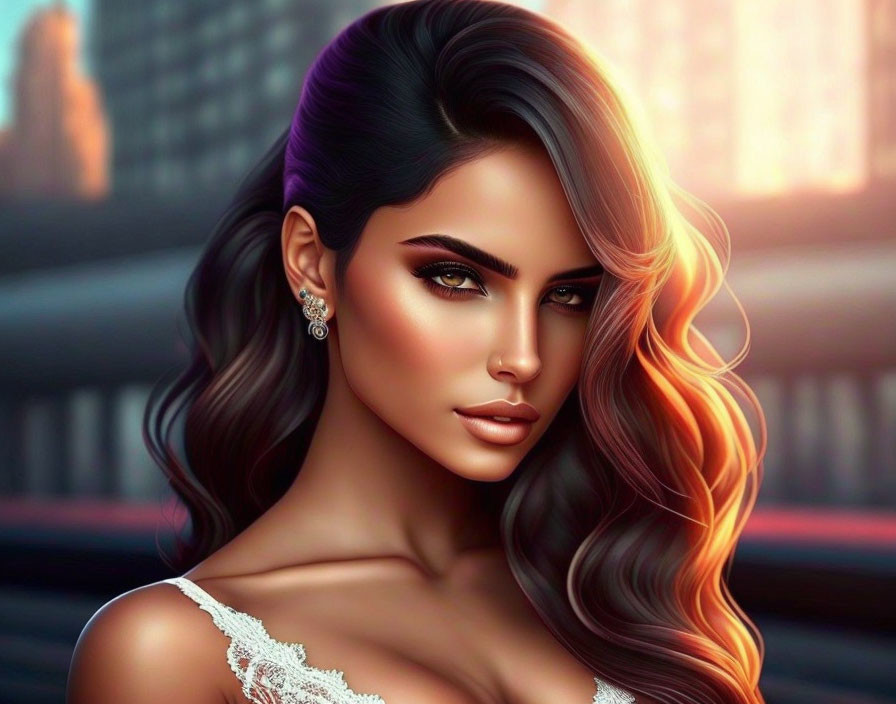 Portrait of woman with ombre hair and green eyes in off-shoulder dress against cityscape
