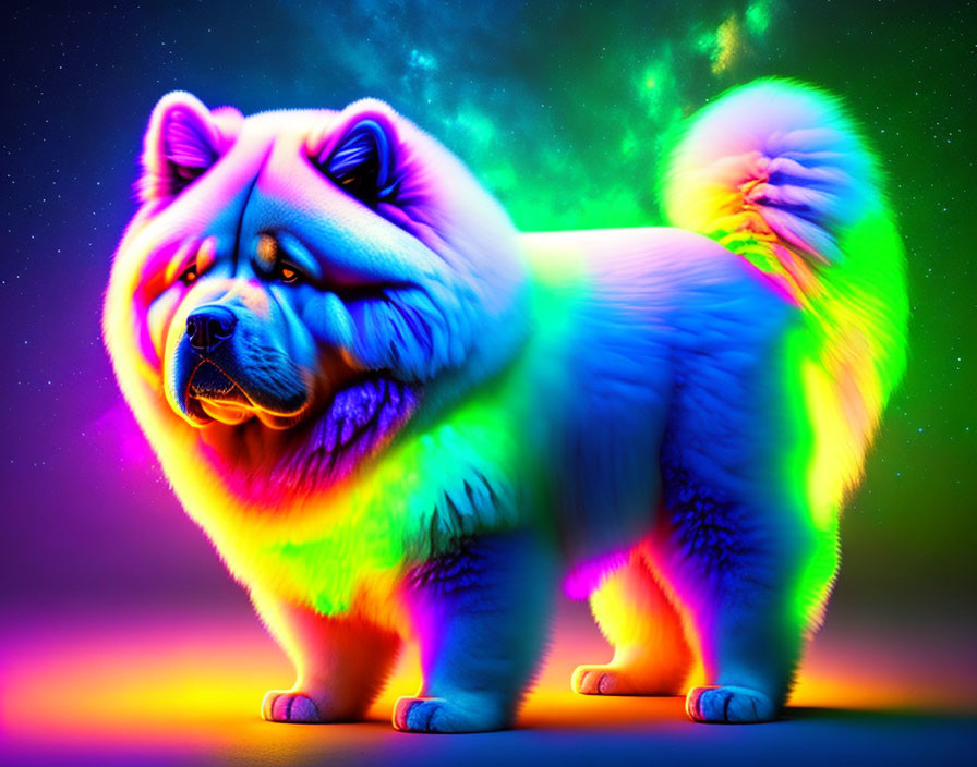 Colorful Chow Chow Dog in Neon-Lit Fantasy Setting