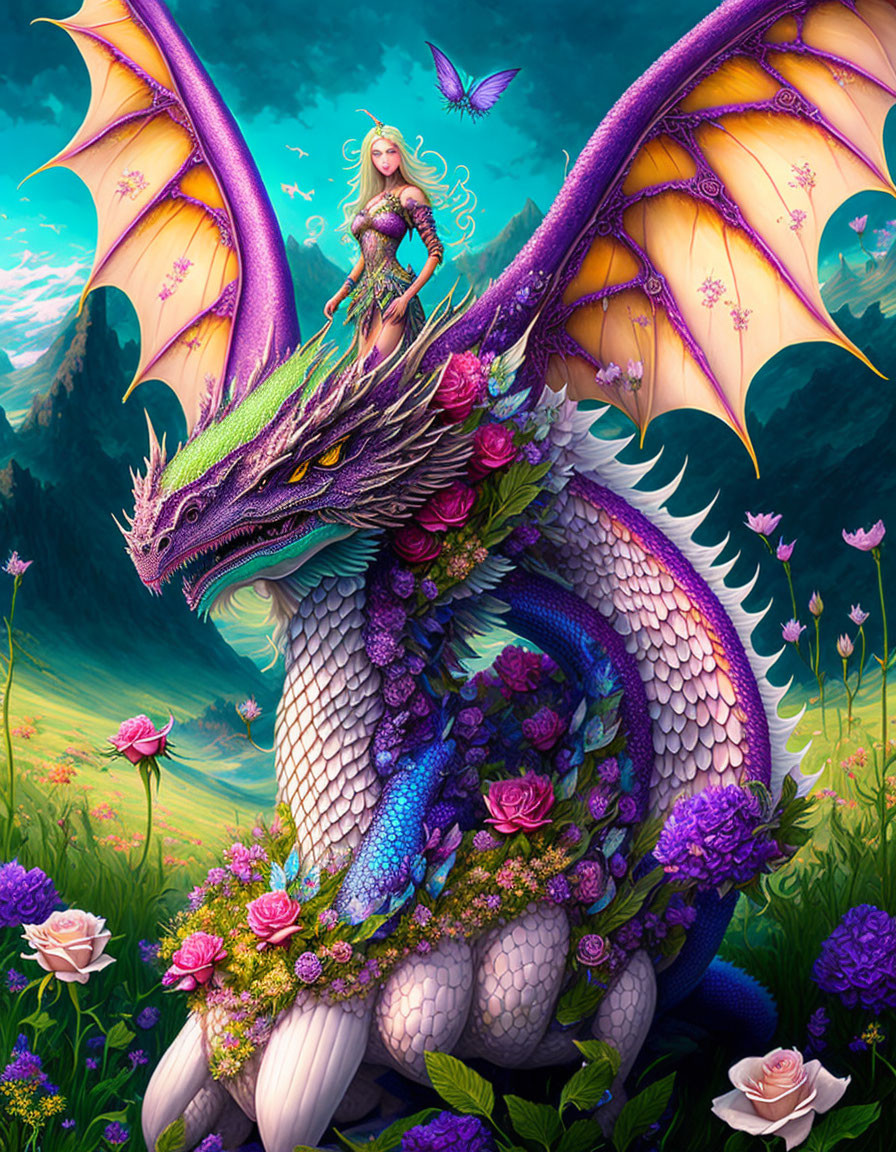 Blonde woman in pink dress on dragon in mystical landscape