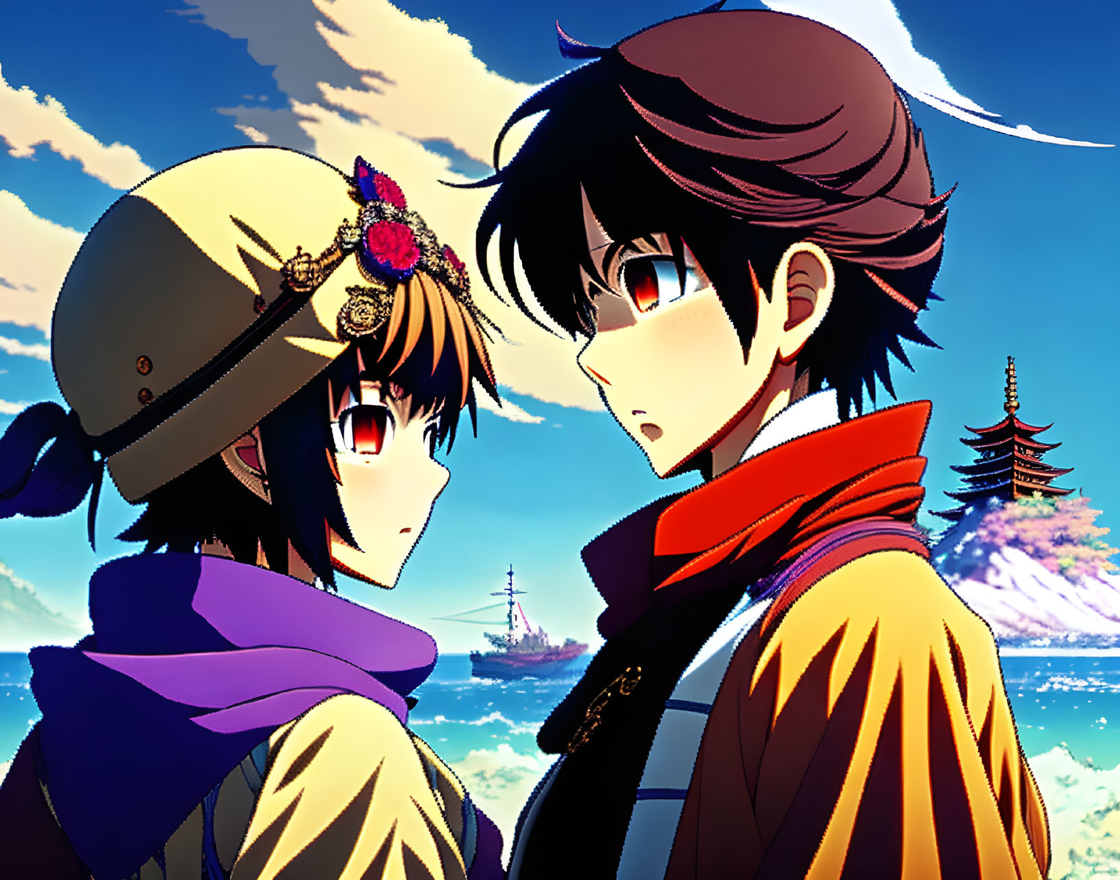 Anime characters with intense gazes in military cap and red scarf by seaside with ship and pagoda.