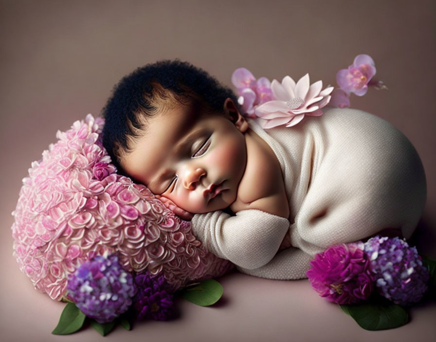 infant on a bed of flowers