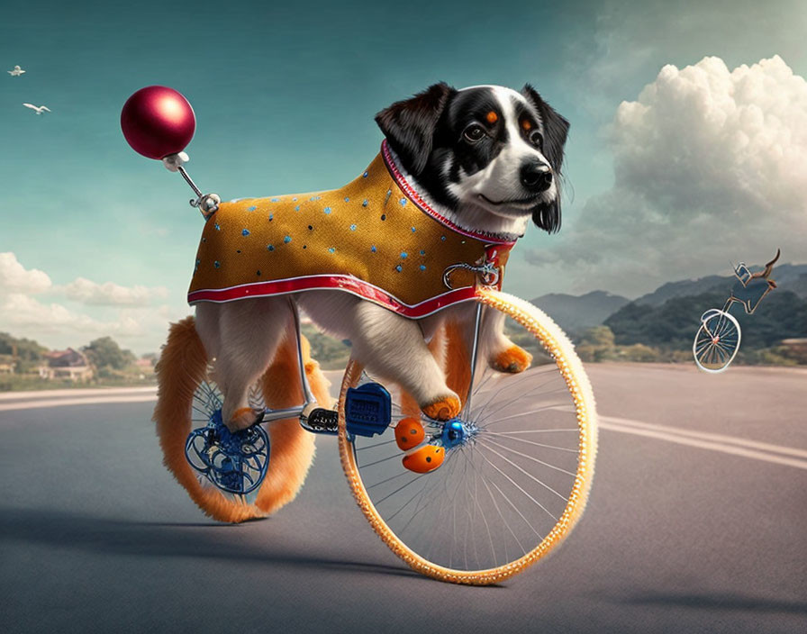 a dog in a costume rides a bicycle