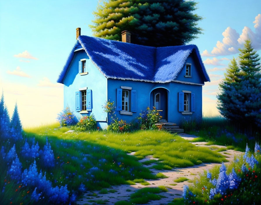 C est une maison bleue accrochée à la colline....