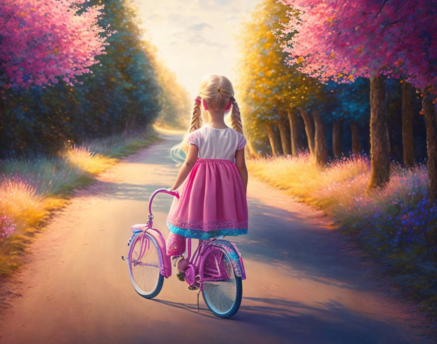 little blonde girl rides on a pink bicycle 