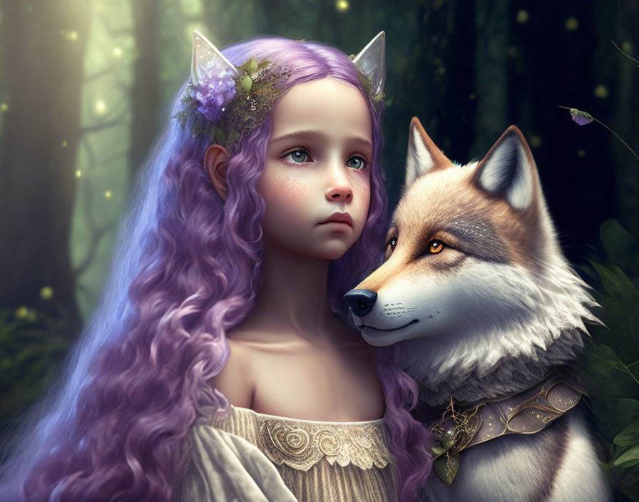 little fairy with her wolf, tenderness