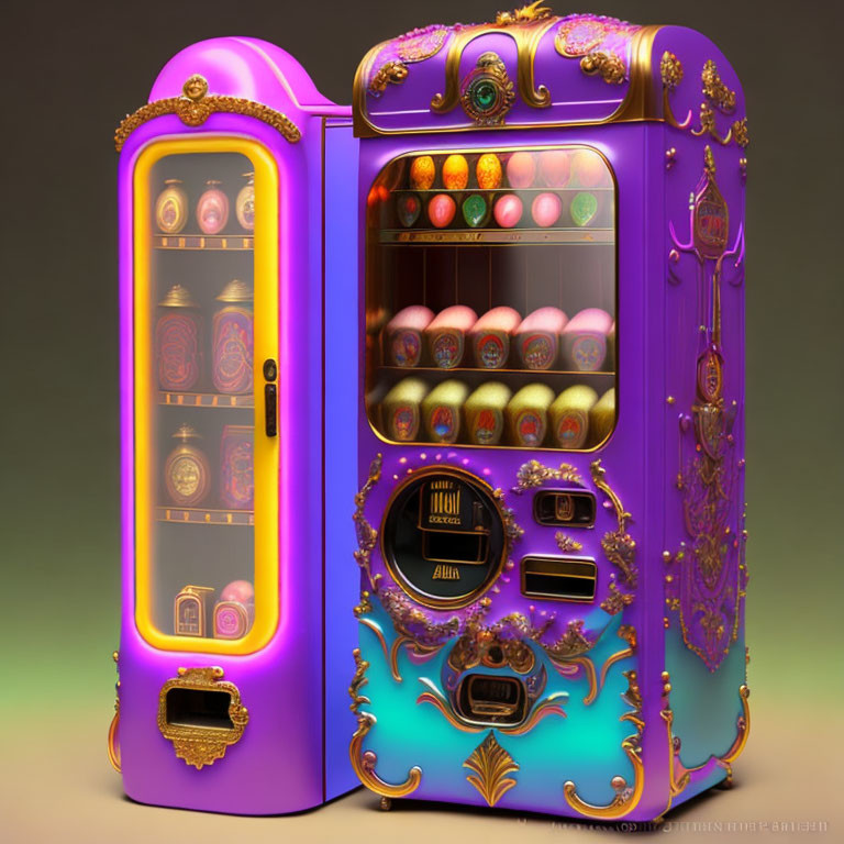 Colorful ornate vending machine with purple and pink design and gold accents filled with patterned spheres