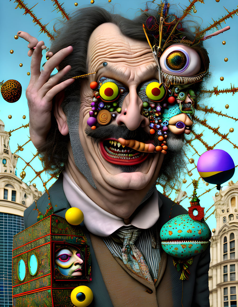 Surreal portrait of man with disjointed facial features and floating orbs against architectural backdrop