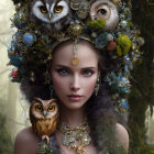 Mystical portrait of woman with purple makeup and jewelry in enchanted forest