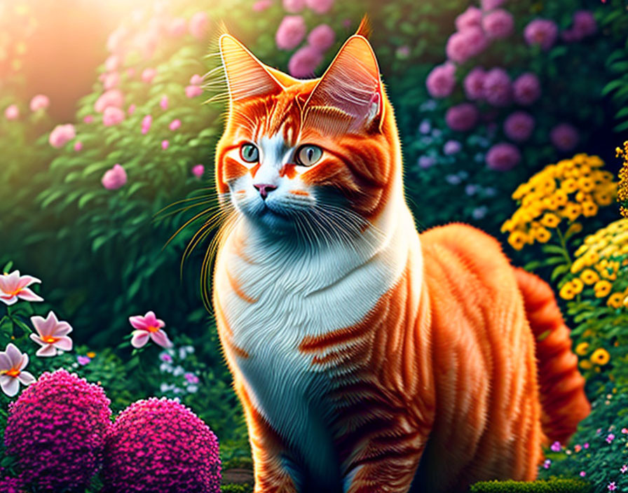 Orange Tabby Cat Surrounded by Colorful Flowers in Sunlight