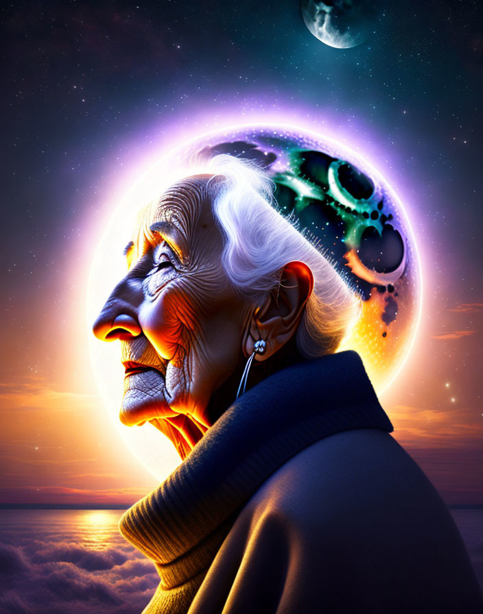 Elderly woman's profile merged with cosmic sunset and stars