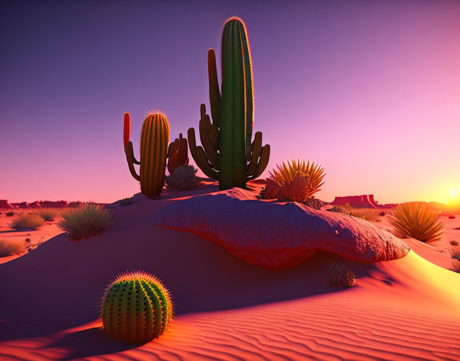 Vivid desert sunset with cacti and succulents on sandy dunes