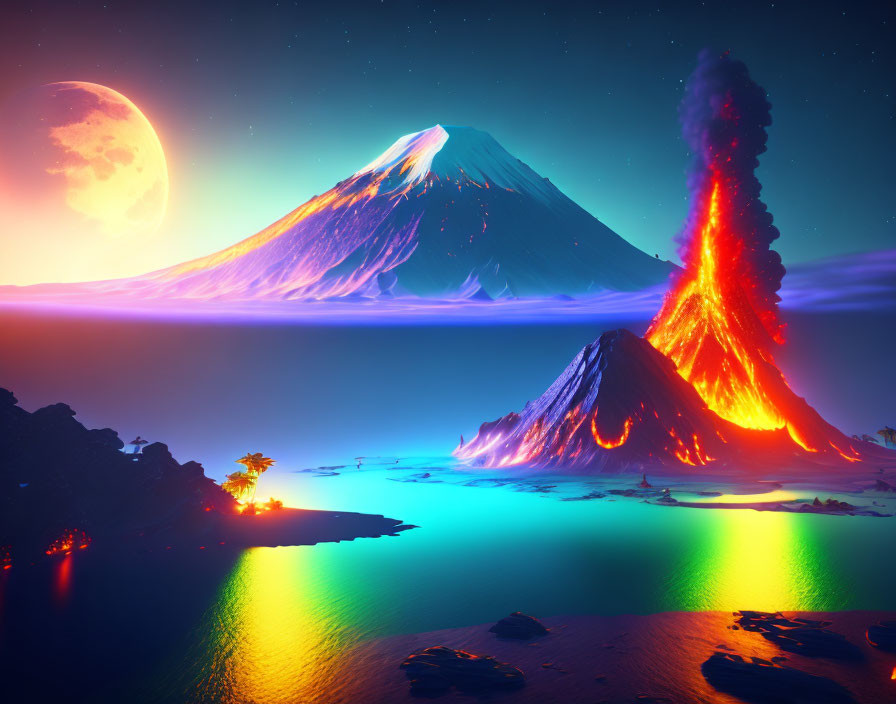 Colorful digital artwork of night scene with erupting volcano, tranquil sea, vibrant sky, and surreal