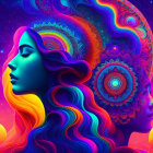 Colorful digital artwork featuring two women in profile with intricate headdresses against a cosmic backdrop of stars and